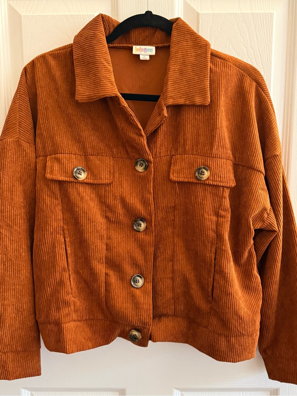 LuLaRoe Women's Corduroy Button Jacket in Rust Orange